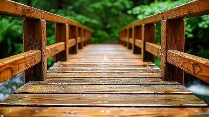 Wooden Bridge Pathway in Lush Green Forest
