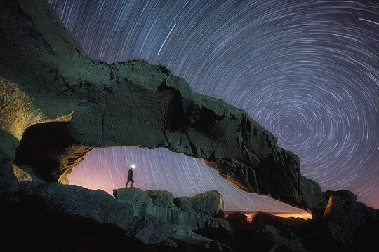 View of a lone figure standing beneath a natural archway of rugged rock against a swirling star trail sky, illuminated by a single headlamp, Tajao, Canary Islands, Spain.