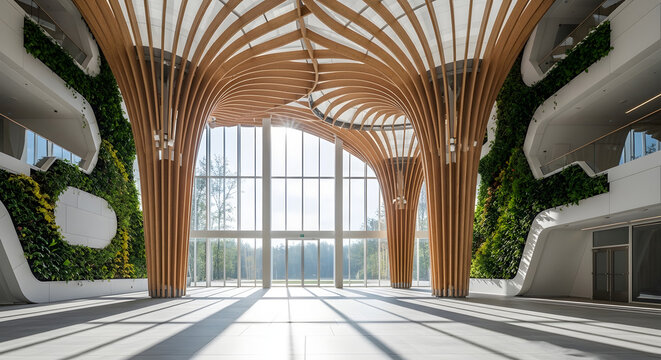 Modern building atrium with biophilic design and vertical gardens