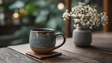 Fototapeta premium Mug of coffee sits on a coaster on a wooden table