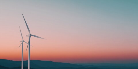 Obraz premium Two wind turbines are on a hillside