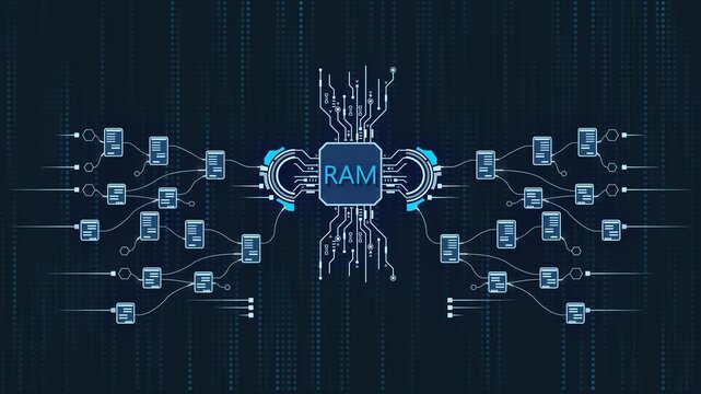 Random Access Memory Circuit Board with R A M Chip and Connected Devices on Dark Background with Blue Accents
