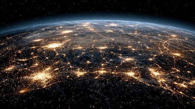 Global Internet of Things network with glowing gold connections covering Earth from space at night.
