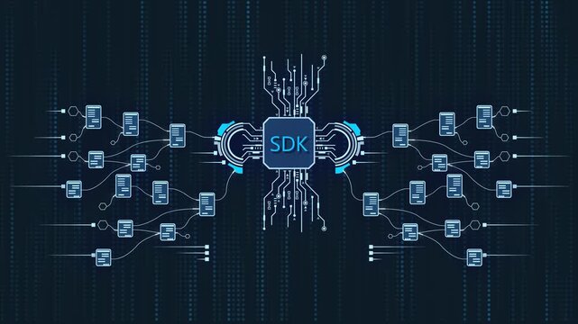 S D K software development kit circuit board with connected mobile devices on dark blue background with code