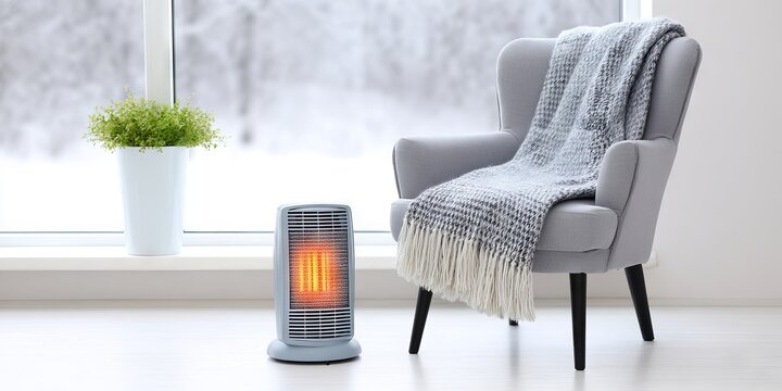 Portable electric heater glowing warmly beside a cozy gray armchair draped with a soft plaid blanket in a bright room with a snowy landscape outside