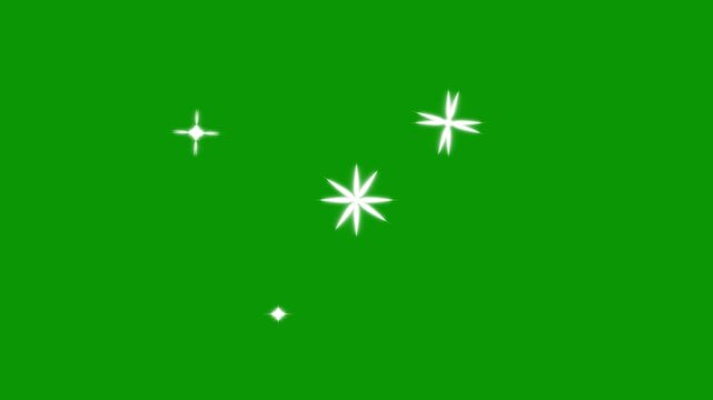 White glowing twinkle stars animation with sparkling glitter dust trail, flat vector doodle sparkle, pixie dust path, glowing light trails, 2D shining twinkle effect green screen background. 4k video