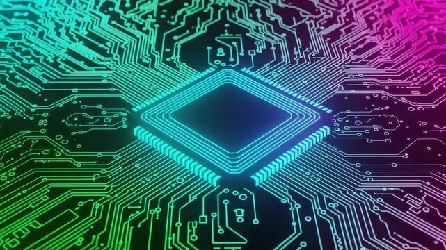 Glowing microchip on a colorful circuit board with neon light trails on a black background
