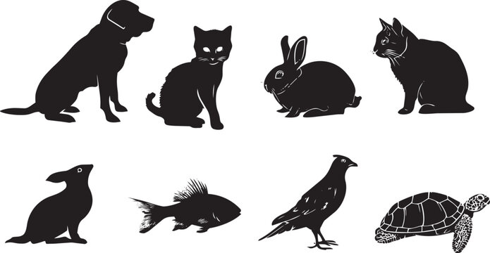 Black silhouette set of common pets and animals isolated on white background vector illustration
