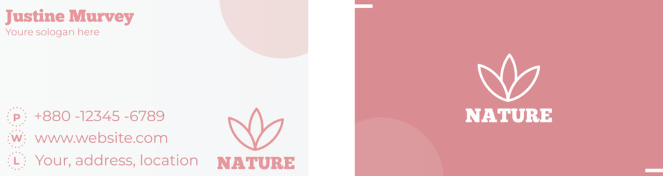 Pink business card design featuring a leaf and contact information