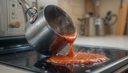 Side view of a slightly bubbling pot tipping over on an electric stove, fresh tomato sauce beginning to spill,