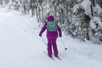 Cross-country skiing in hilly terrain in winter. Outdoor fitness.