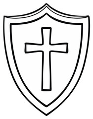 Obraz premium Shield with cross symbol, outline graphic, religious icon