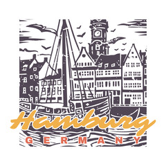 Naklejka premium Illustration of the city of Hamburg in Germany, vintage vector design.