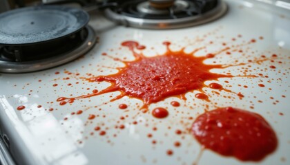 Tomato sauce splatter on a white ceramic stovetop, vivid red against neutral tones
