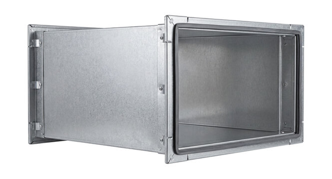 Rectangular galvanized steel ventilation duct block.
