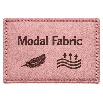 Isolated modal fabric textile label with stitched border and comfort icons on transparent background, highlighting softness, breathability, lightweight feel, and sustainable apparel branding.