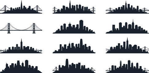 Obraz premium Modern City Skyline Silhouette Set with San Francisco Bridge and Skyscraper Icons for Urban Business Logos, Architectural Designs, and Digital Website Landing Pages
