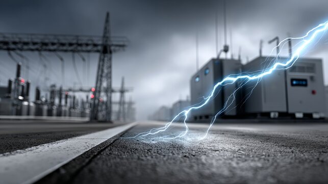 Lightning hits the ground near electrical equipment at a power station during a storm
