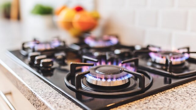 Gas camping stove with blue flames ignited on a modern kitchen countertop, fresh fruits in a bowl visible in the background, practical cooking setup during blackout