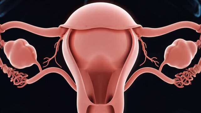 Detailed 3D animation of human female reproductive system, showing uterus, ovaries, and fallopian tubes.