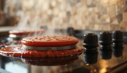 Close-up of glossy tomato sauce pooling near burner knobs on a modern black glass stove