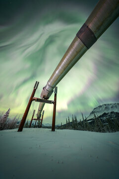 View of the Alaska pipeline stretching into the distance under an ethereal aurora borealis, contrasting with the stark white snow, Coldfoot, Alaska, United States.