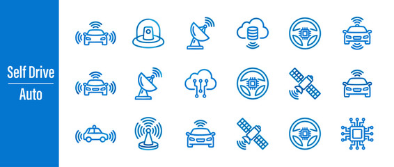 Self-Driving Car and Autonomous Vehicle Technology Icon Set with Smart Sensors, Radar, Satellite Communication, Cloud Computing, Steering Wheel Microchip, and CPU Hardware for Future Transport.