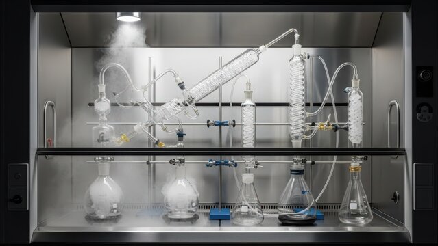 Complex glass laboratory apparatus with beakers and flasks on a stainless steel counter