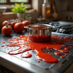 Fresh tomato sauce spilled on a clean stainless steel stovetop