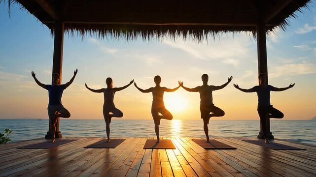 People doing yoga on wooden deck at sunset