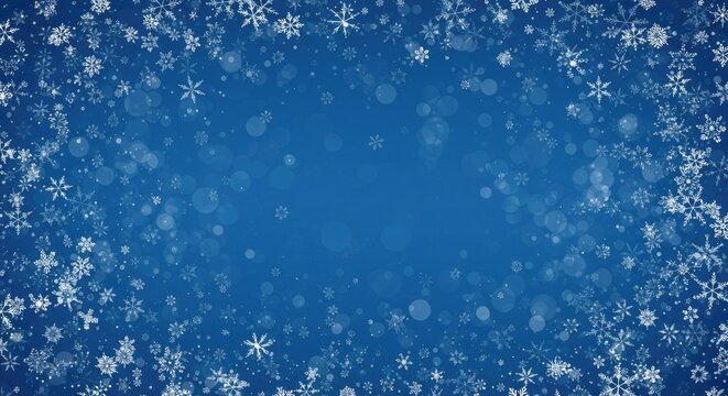 A blue background with a white border at the bottom, adorned with numerous white snowflakes of varying sizes and opacity scattered across the top portion