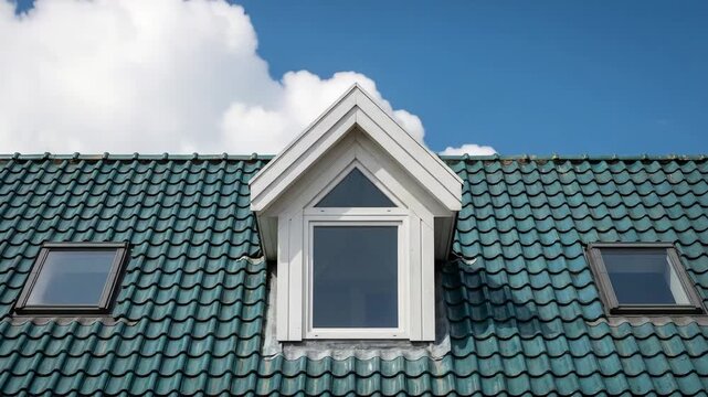 american style house, with blue or teal tiled roof, dormer window and skylights under blue sky architectural detail timelapse video