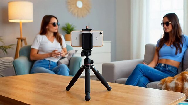 Two women recording video on smartphone