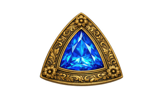 Blue trillion cut sapphire gemstone in ornate gold filigree frame with flowers, transparent background, jewelry illustration