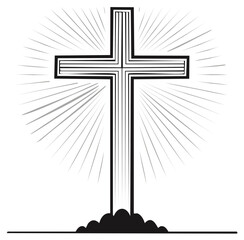 Radiant Christian Cross Symbol Illuminated with Divine Light and Standing on Ground