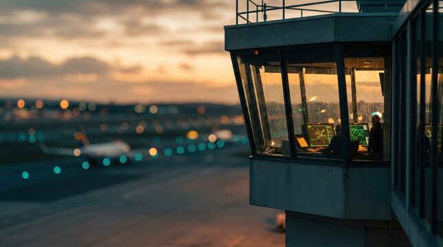 A control tower stands at an airport as the sun sets. Planes are lined up on the runway with lights shining