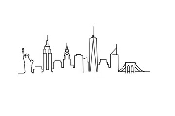 Fototapeta premium New york city skyline architecture line drawing including statue of liberty and brooklyn bridge on transparent background