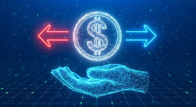A glowing digital hand holds a dollar coin with arrows pointing in opposite directions on a dark blue background with grid lines