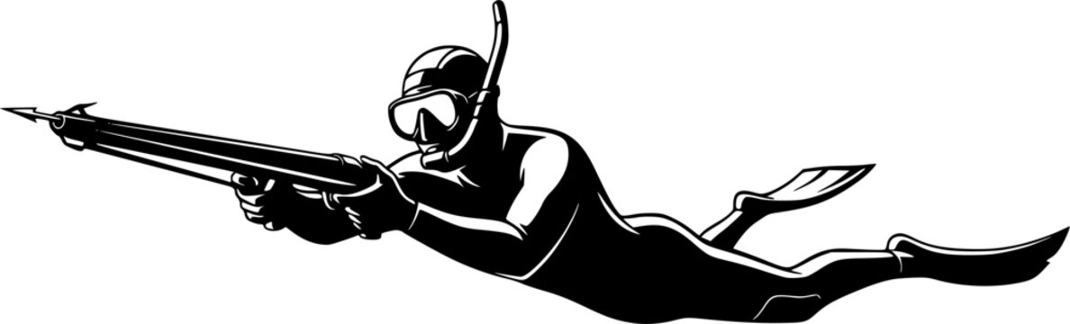 Silhouette of Spearfishing Diver in Wetsuit with Snorkel and Speargun Aiming Forward, Dynamic Underwater Hunting Pose, Minimalist Vector Art, Graphic Icon, isolated on white background