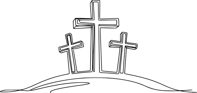 Three Christian crosses on a hill, symbolizing Golgotha, Easter, faith, and religion. Drawing in one line art style with editable black stroke.
