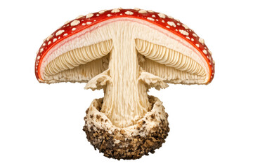 Amanita muscaria cross section showing gills, cap, stem, and ring on a transparent background