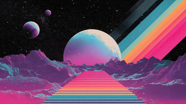 Vintage space background. Planet sphere and rainbow stripes. Full moon and mountains vintage landscape. Retro style graphic design. Digital illustration.