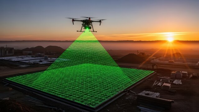 Drone mapping construction site with lidar scanner during sunset overview futuristic technology survey