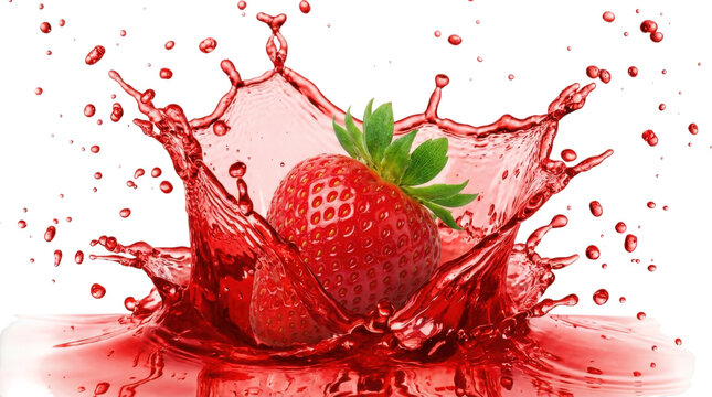 Fresh red strawberry splashing into vibrant juice on transparent background for fruit