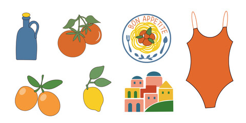 Mediterranean Sea Travel Life Elements. Vibrant Fruit Doodle Art. Decorative Food Element for Menu or Advertising Card Design. Fresh healthy Eating Symbol. 