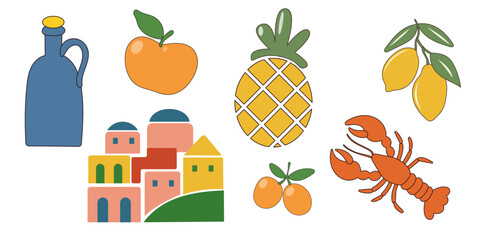 Bright Mediterranean Summer Vibes Illustration Bundle. Sunny Coastal Lifestyle And Fresh Flavors  Collection. Mediterranean Holiday Mood Elements Pack. Relaxed Sea Life And Sunny Days Fruit Icon Set. 