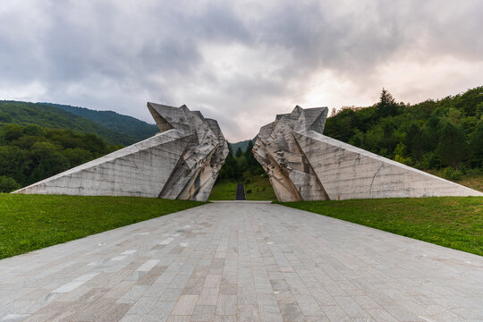 Tjentiste Battle of Sutjeska memorial against cloudy sky, Bosnia and Herzegovina.