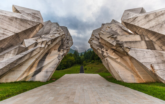 Tjentiste Sutjeska memorial brutalist architecture symbolizing victory, Bosnia and Herzegovina.