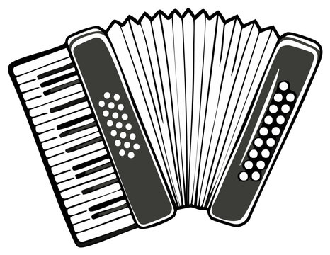 Black and White Illustration of an Accordion Musical Instrument with Keys and Bellows