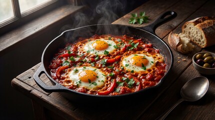 Shakshuka, Middle Eastern Breakfast, Poached Eggs in Spicy Tomato Sauce, Cast Iron Skillet, Traditional Mediterranean Food, Healthy Brunch, Rustic Table, Homemade Cooking, Vegetarian Meal, Top View.